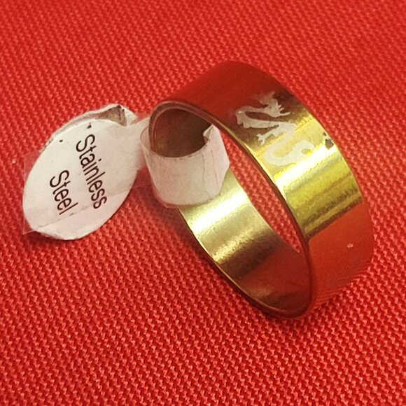 Stainless Steel Wide Band White Dragon Engraved Ring Size 21 Gold Tone Unisex - Picture 1 of 11